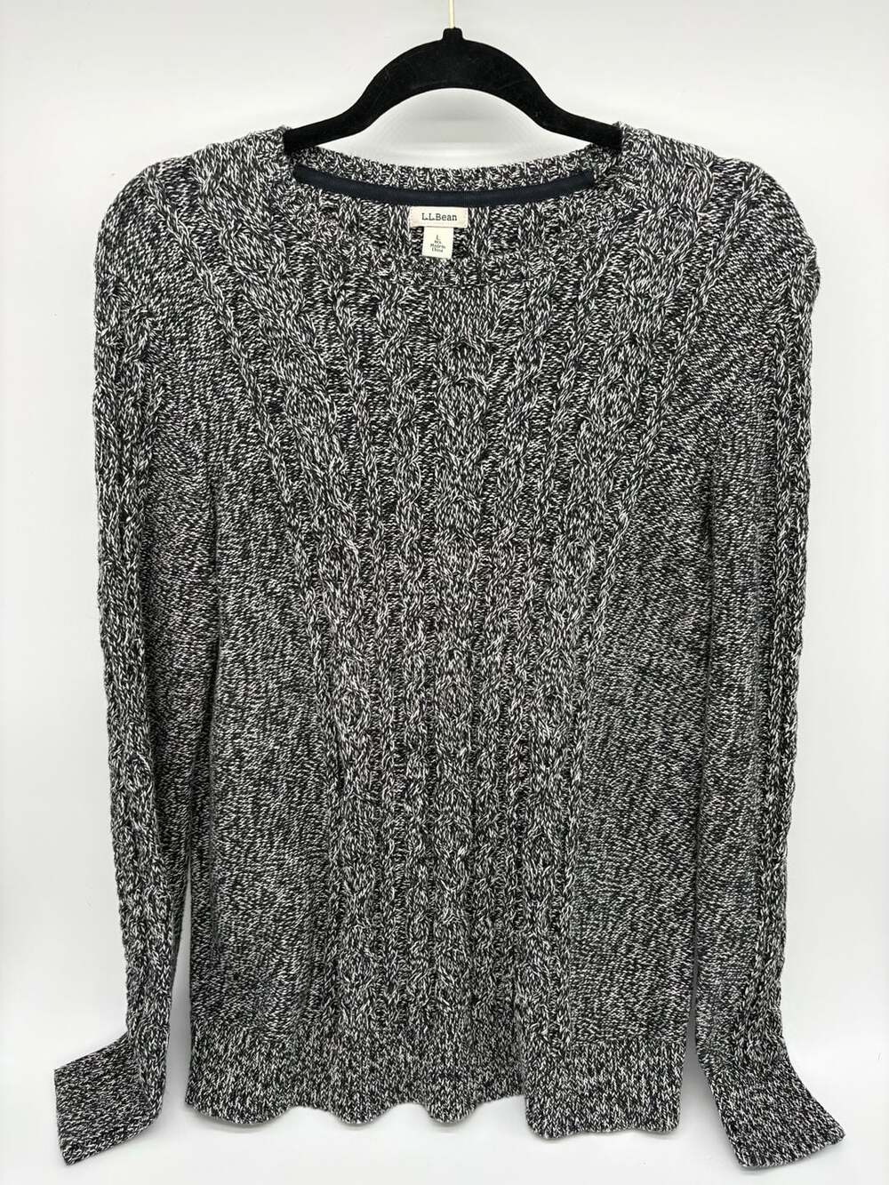 L.L. Bean Chunky Cable Knit Sweater Cotton Black White L